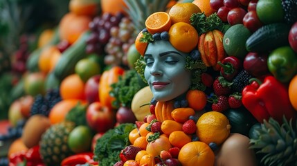 Fototapeta na wymiar A statue portrays a woman's head encircled by fruits and vegetables, forming its face The figure is crafted entirely from produce
