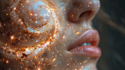   A tight shot of a face, adorned with stars encircling it within the night sky, specifically around her nostrils - obrazy, fototapety, plakaty