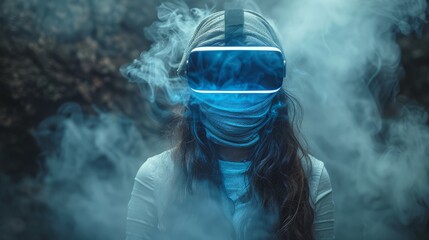   A woman dons a virtual reality headset, with a digital haze enveloping her mid-face area instead - obrazy, fototapety, plakaty