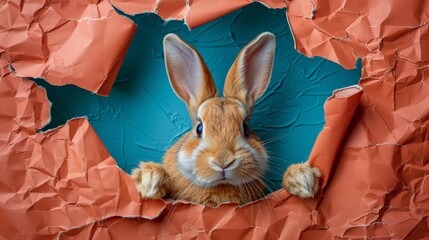   A rabbit peeks out from a hole in an orange sheet, set against a blue backdrop - obrazy, fototapety, plakaty
