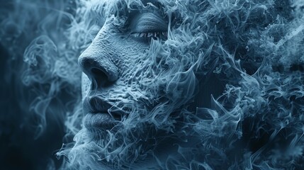   A detailed shot of a man's face engulfed in dense smoke, emanating from both his mouth and eyes - obrazy, fototapety, plakaty