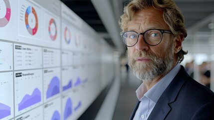   A bearded, spectacled man facing a whiteboard adorned with graphs and pies
