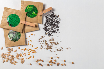 Seeds of various vegetables and packs of seeds on a white background. Closeup. Preparation for garden season in early spring. Top view
