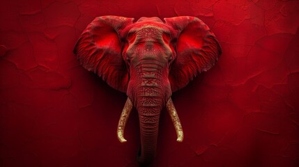   An elephant, adorned with tusks, faces a scarlet wall A solitary light illuminates its head - obrazy, fototapety, plakaty