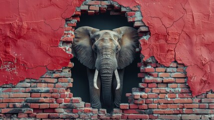   An elephant extending its trunk from a hole in a brick wall