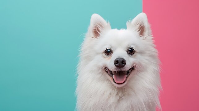 a funny Japanese Spitz dog on colored background