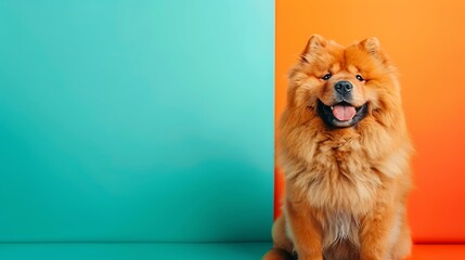 a funny Chow chow dog on colored background - obrazy, fototapety, plakaty