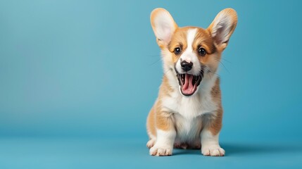 A funny studio portrait of a frightened corgi puppy isolated on a blue background