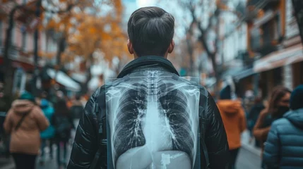 Foto op Plexiglas   A man carrying an X-ray walks down the street, drawing curiosity from the surrounding crowd © Jevjenijs