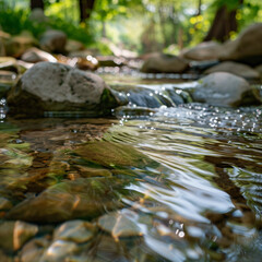 Transparent spring stream close up, water flowing gently over smooth stones, calm and refreshing spring atmosphere
