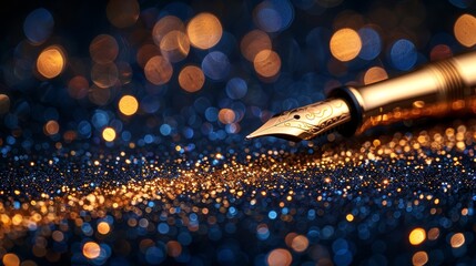   A fountain pen sits atop a golden-blue table, speckled with glitter flecks, beside a black and gold fountain pen
