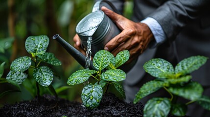   A man in a suit pours water from a watering can into a potted plant, situated in the heart of a garden - obrazy, fototapety, plakaty