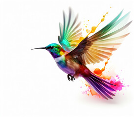 Obraz premium Rainbow colored bird flying watercolor on white background