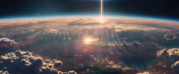 Panoramic earth seen from space, glowing with the sun's rays over it. The atmosphere is illuminated by light. Generative AI