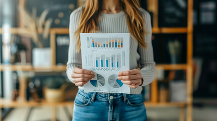 A woman holding a marketing campaign performance report signifies her role in analyzing and assessing the effectiveness of various marketing strategies and initiatives.