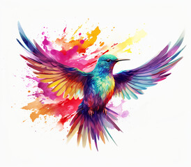 Obraz premium Rainbow colored bird flying watercolor on white background