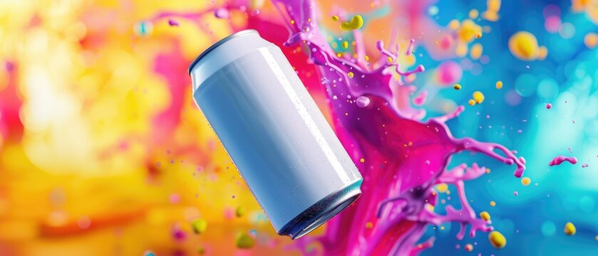 Hyper-realistic image of a white soda can floating, with a vibrant, abstract splash of colors behind, 3D illustration