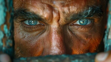   A tight shot of a man's face with blue eyes, concealed by a blue curtain - obrazy, fototapety, plakaty