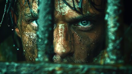   A man's face, up close, is seen through a metal fence Droplets of water adorn his visage, reflecting off his skin and wetting his hair