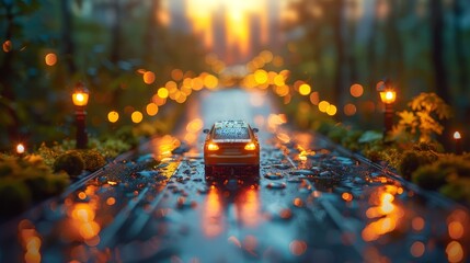   A toy car navigates a rain-slicked forest road, its path illuminated by lights Trees loom behind