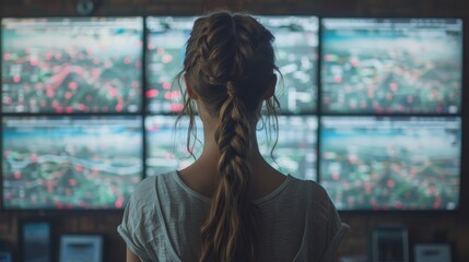   A woman with long hair stands before a wall of televisions, behind her, numerous screened televisons