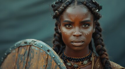   A woman with braids, gazes intently She wears a shield on her shoulder and a chain encircles her neck