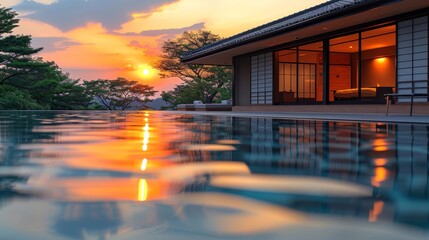   The sun sets over a house's pool, framing trees and reflecting on the water