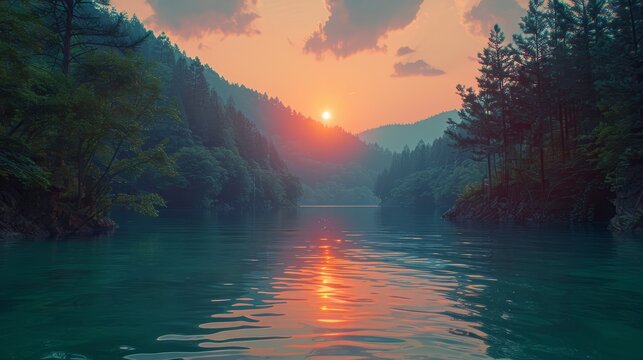   A tranquil scene of a sizeable water body surrounded by trees on either side, with the sun setting above it