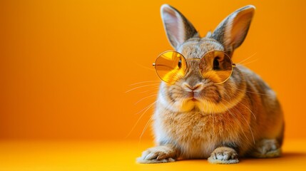   A brown rabbit dons yellow glasses against an orange backdrop The scene behind the rabbit is comprised of an orange background