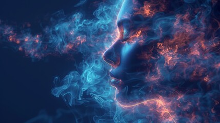  A woman's face, closely framed, emerges from a smoky haze against a backdrop of blue