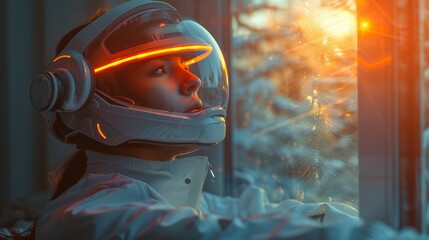   A woman in a spacesuit gazes out of a window at a snow-covered tree against a backdrop of a brilliant orange light - obrazy, fototapety, plakaty