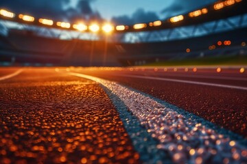 Running track close-up at twilight with stadium lights