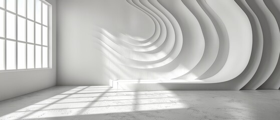   A white room featuring a large window and an elongated shadow cast by a curved wall alongside it