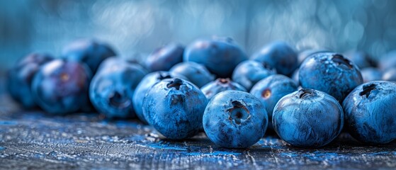   A wooden table holds a pile of blueberries, situated next to one another - obrazy, fototapety, plakaty