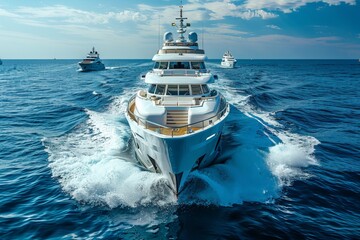 A stunning image of a fleet of luxury yachts sailing together on the vast, blue ocean, showcasing...
