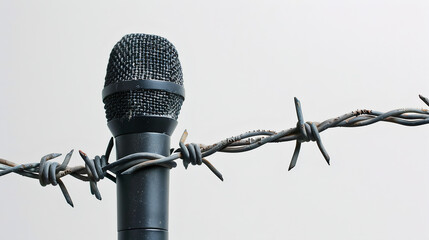 Microphone tied through barbed wire, Media and speaking freedom. white background