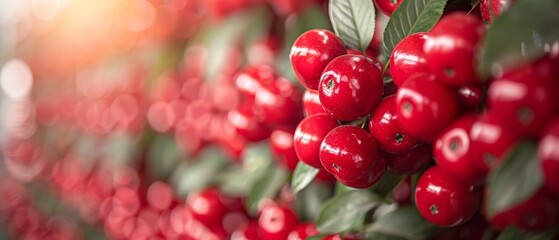  A tight shot of cherries cluster on a leafy branch against a backdrop of green foliage and vivid red berries - obrazy, fototapety, plakaty