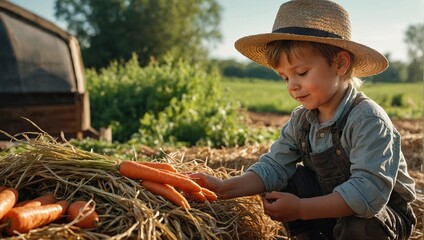 Little farm boy on eco farm is harvesting carrots on a beautiful Sunny day.