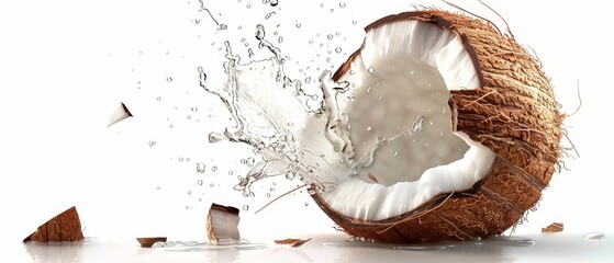  A tight shot of a coconut with water spurting from its center, a fragment of coconut in the backdrop