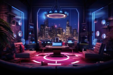 Neon lit recording studio, A futuristic neon lit recording studio concept, AI generated