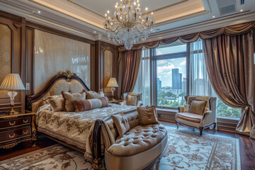 General view of luxury bedroom interior with bed and window. - Powered by Adobe