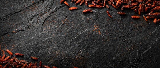   A black stone surface bears a mound of dried gourmet carrots, ready for display or photo