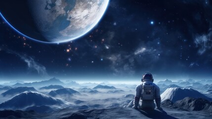 Naklejka premium An lonely astronaut explore alien land landscape with giant planet and mountains. Fantasy wall paper.