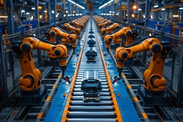 Several robotic arms working together in a car manufacturing process in a modern automated industrial setting