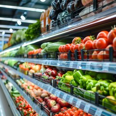 Fresh produce displayed on shelves in a supermarket