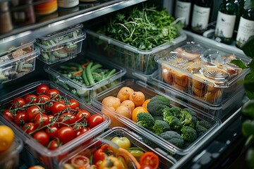 Obraz premium A detailed look at a well-organized fridge filled with labeled containers for easy meal preparation