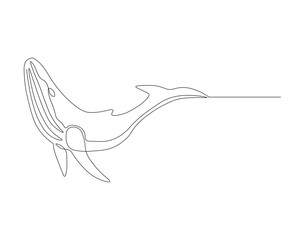 Continuous line drawing of blue whale fish. One line of swimming blue whale. Marine animal concept continuous line art. Editable outline.