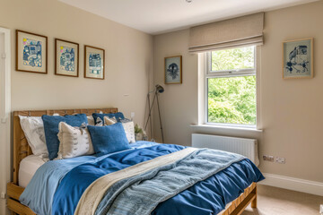 Simple bedroom with double bed, blue bedding, posters and window.