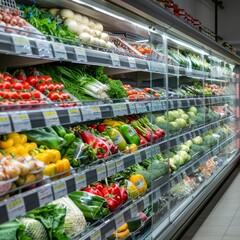Fresh produce displayed in supermarket refrigerator aisle