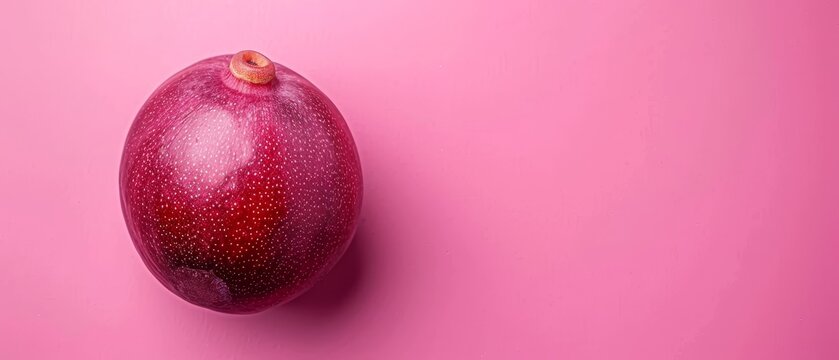   A pomegranate in close-up against a pink backdrop, with a browning blemish atop
